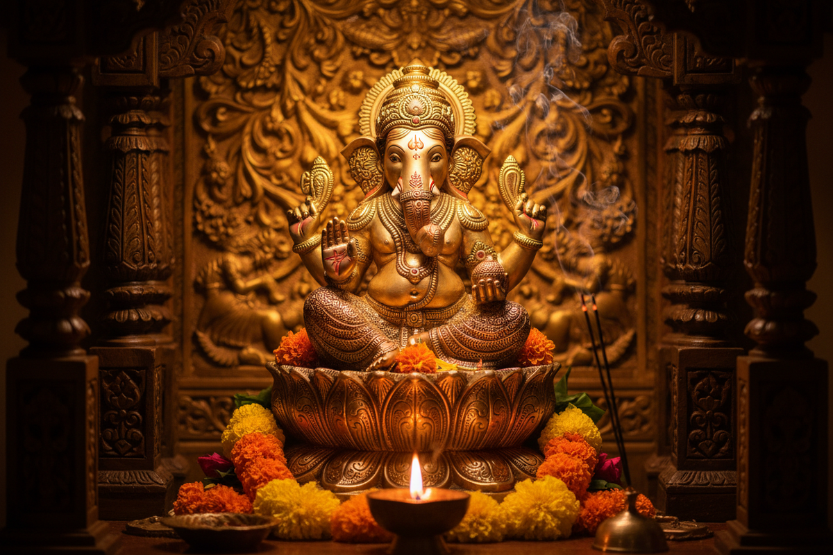Handcrafted brass Ganesha idol in a sacred home mandir with ghee lamp and marigold offerings | Moksha Craft