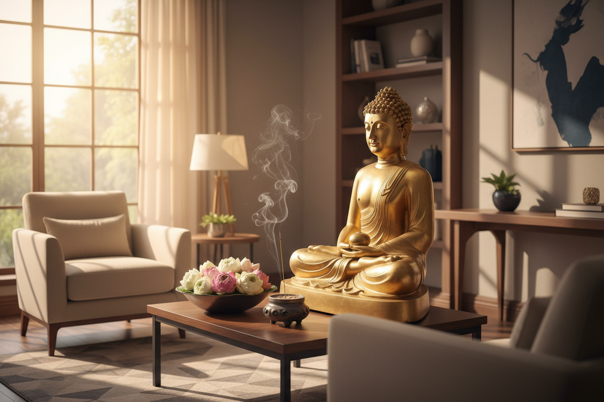 Buddha statue home placement — meditating Buddha in northeast corner of living room | Moksha Craft
