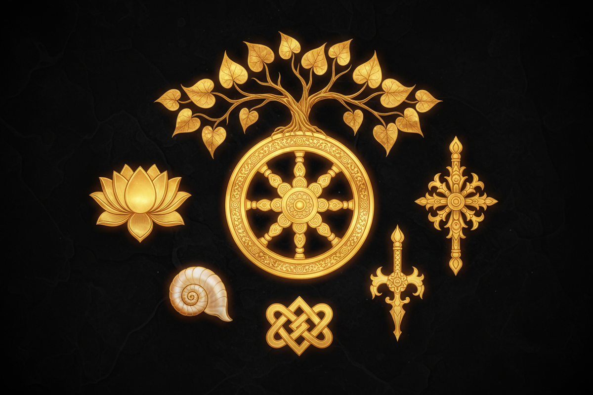 Buddhist sacred symbols — Dharma Wheel, lotus flower, Bodhi tree and Vajra | Moksha Craft