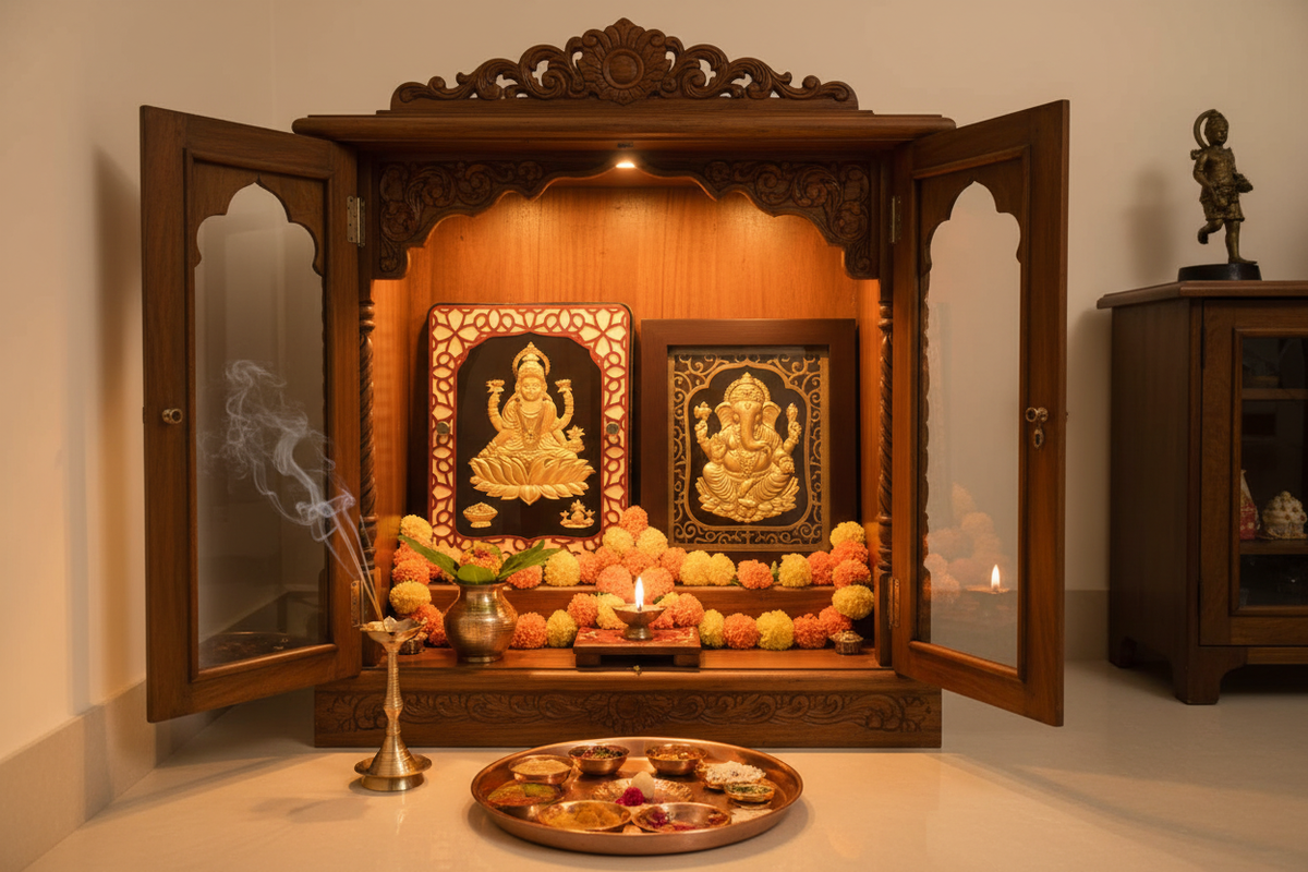 Complete home mandir setup with Lakshmi and Ganesha gold foil paintings, brass kalash, ghee diya, marigold flowers and puja offerings