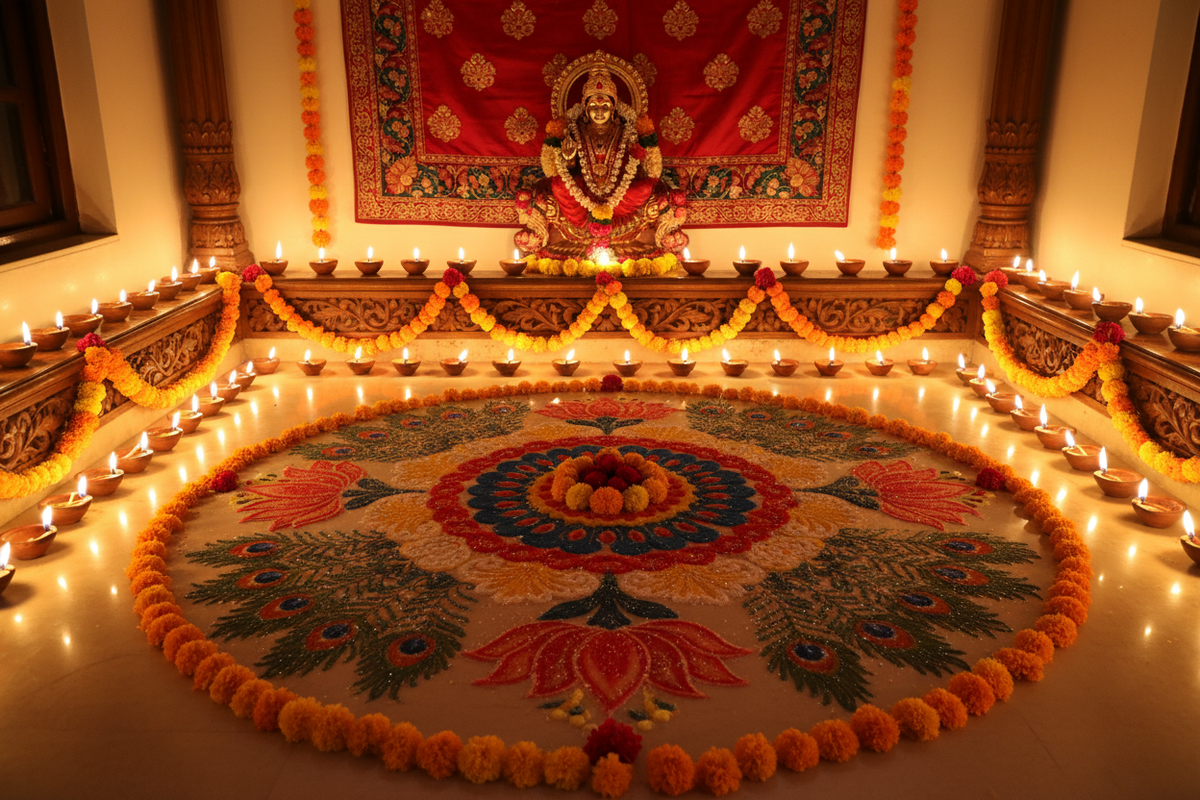 Diwali festival of lights — clay diyas with golden flames, marigold flowers and rangoli | Moksha Craft