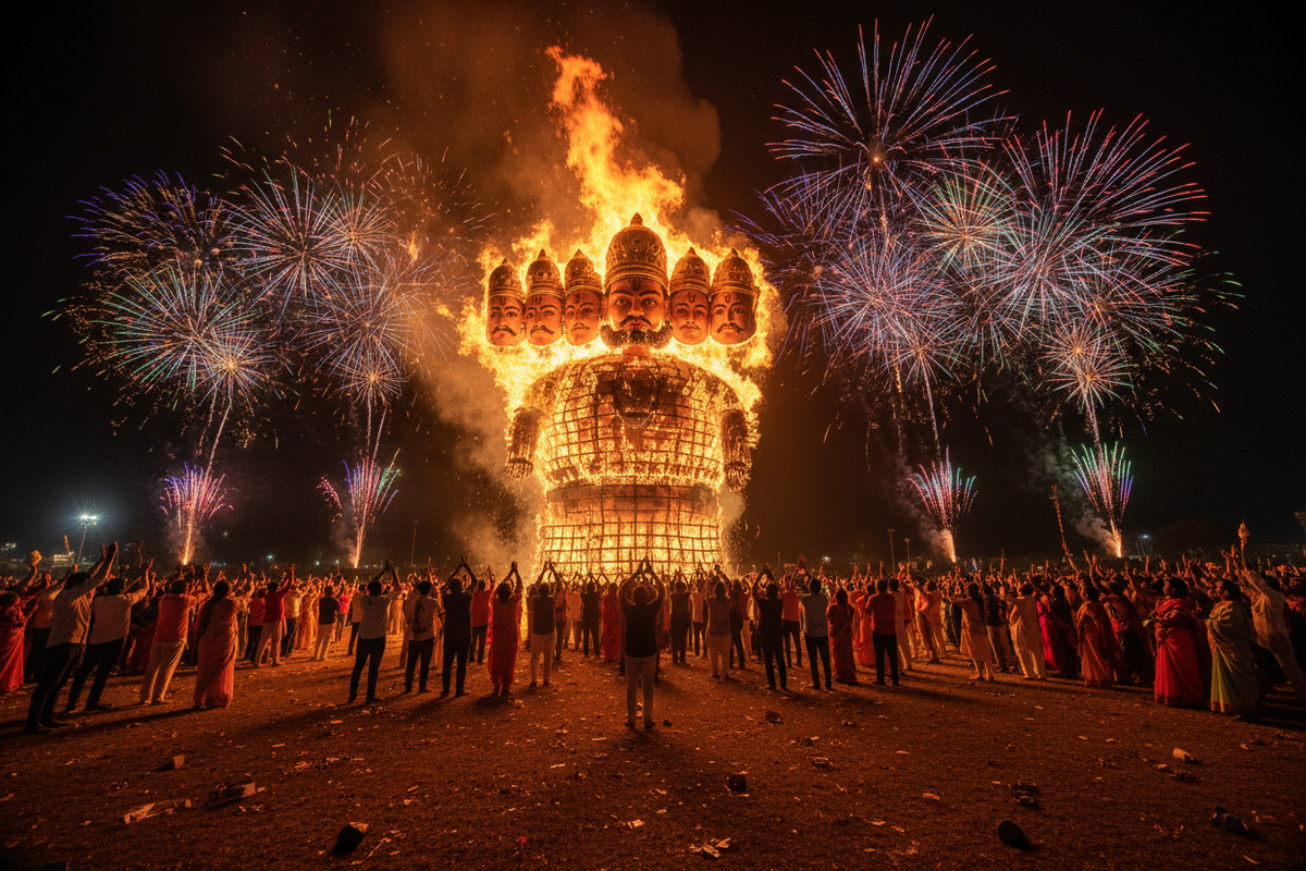 Dussehra festival — massive Ravana effigy burning with fireworks | Moksha Craft