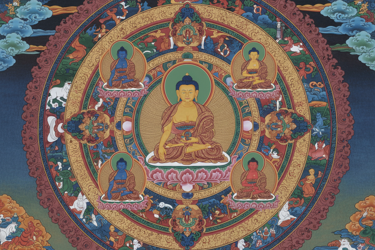 Five Dhyani Buddhas mandala — Tibetan Buddhist Thangka with five meditating Buddhas | Moksha Craft