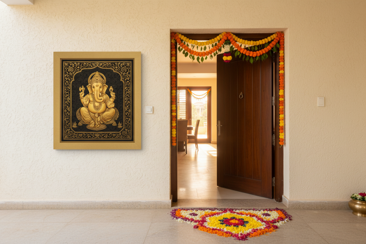 Ganesha 24K gold foil painting in matte gold frame near the front door of a new Indian home with marigold garland and flower rangoli on the threshold