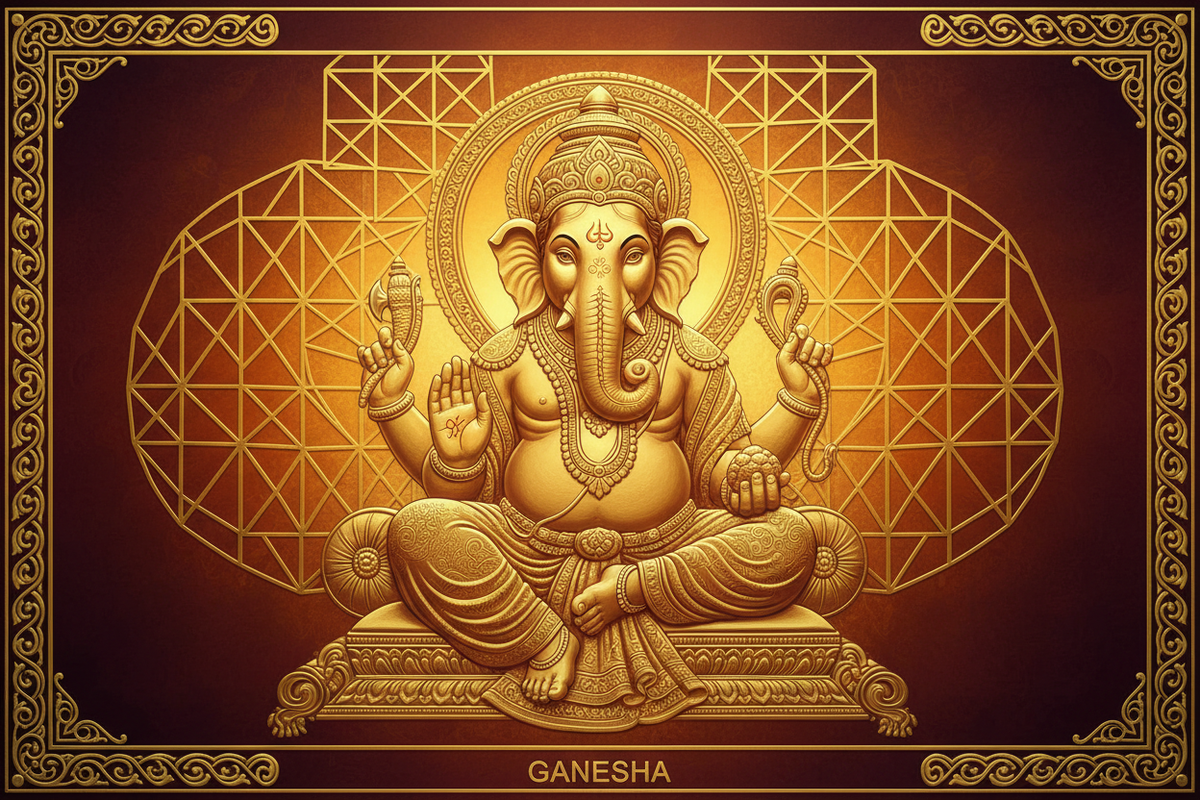 Majestic Lord Ganesha in 24K gold relief art style — Moksha Craft Sacred Knowledge Series