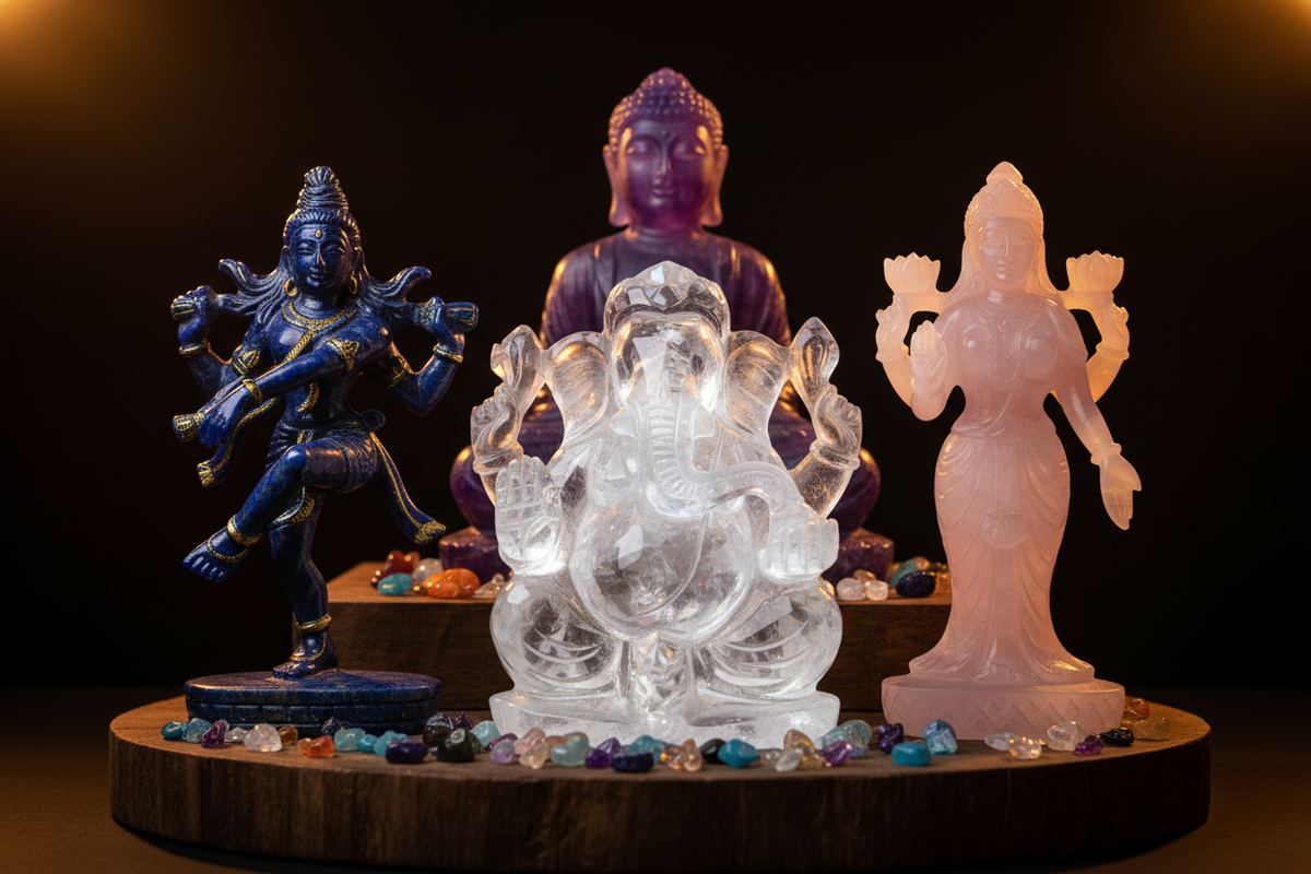 Gemstone deity statues — crystal Ganesha, lapis lazuli Shiva and rose quartz Lakshmi sacred spiritual decor | Moksha Craft