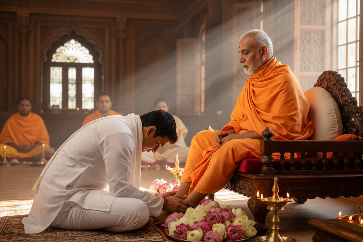 Guru Purnima sacred scene — disciple bowing at feet of guru with lotus flowers and ghee lamp | Moksha Craft