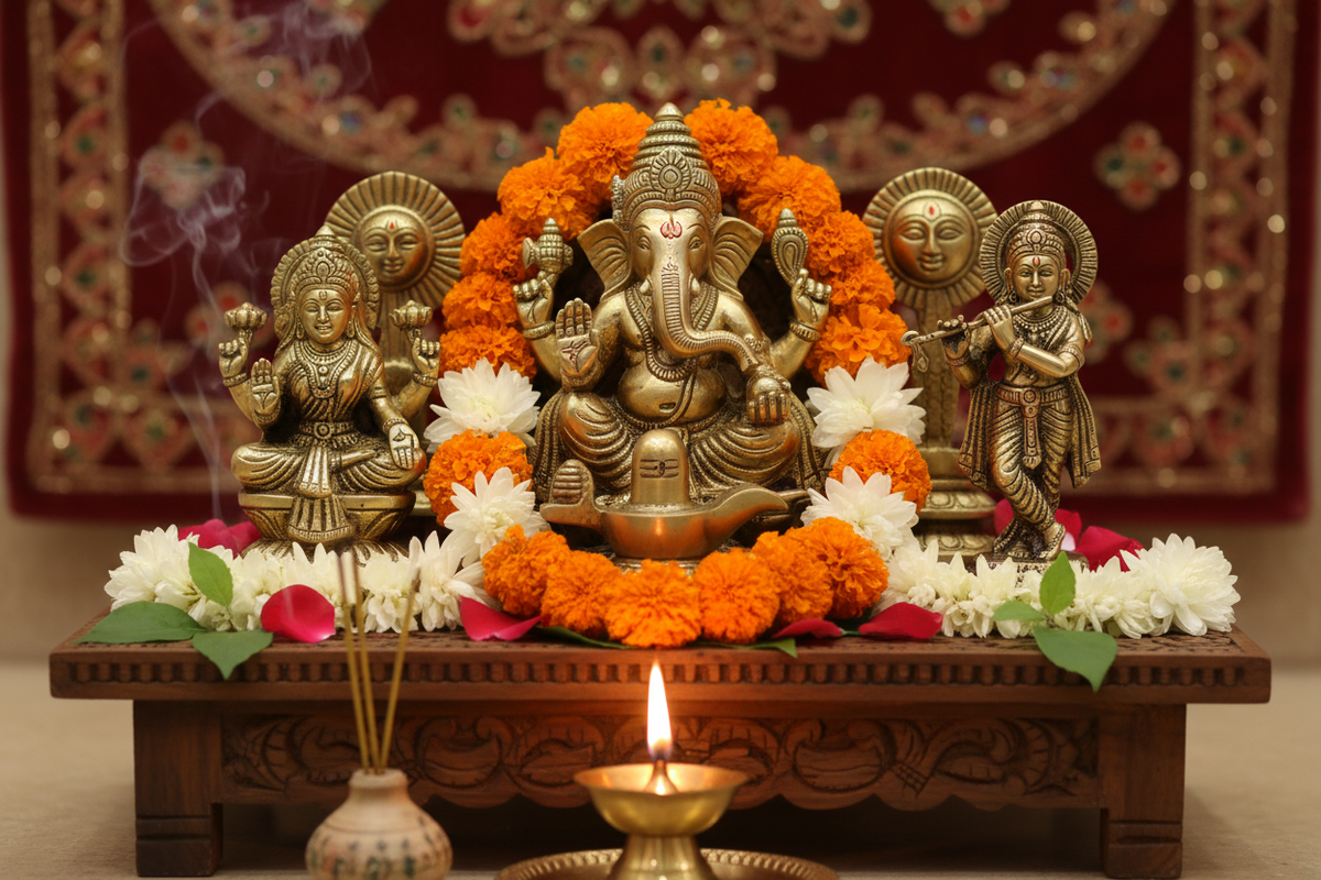 Hindu home altar — auspicious deity idols including Ganesha and Lakshmi with flowers and ghee lamp | Moksha Craft