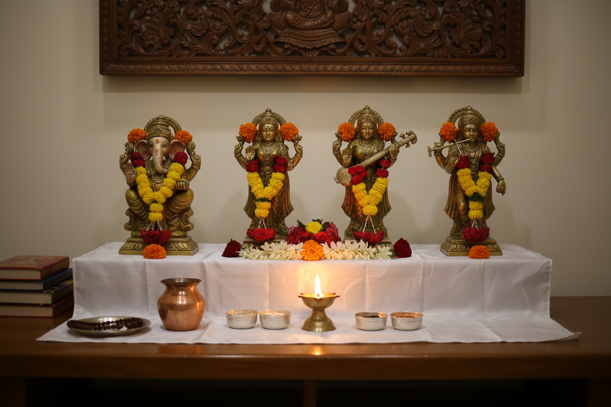 Hindu home puja room — auspicious deity idols on clean altar with flowers and ghee lamp | Moksha Craft