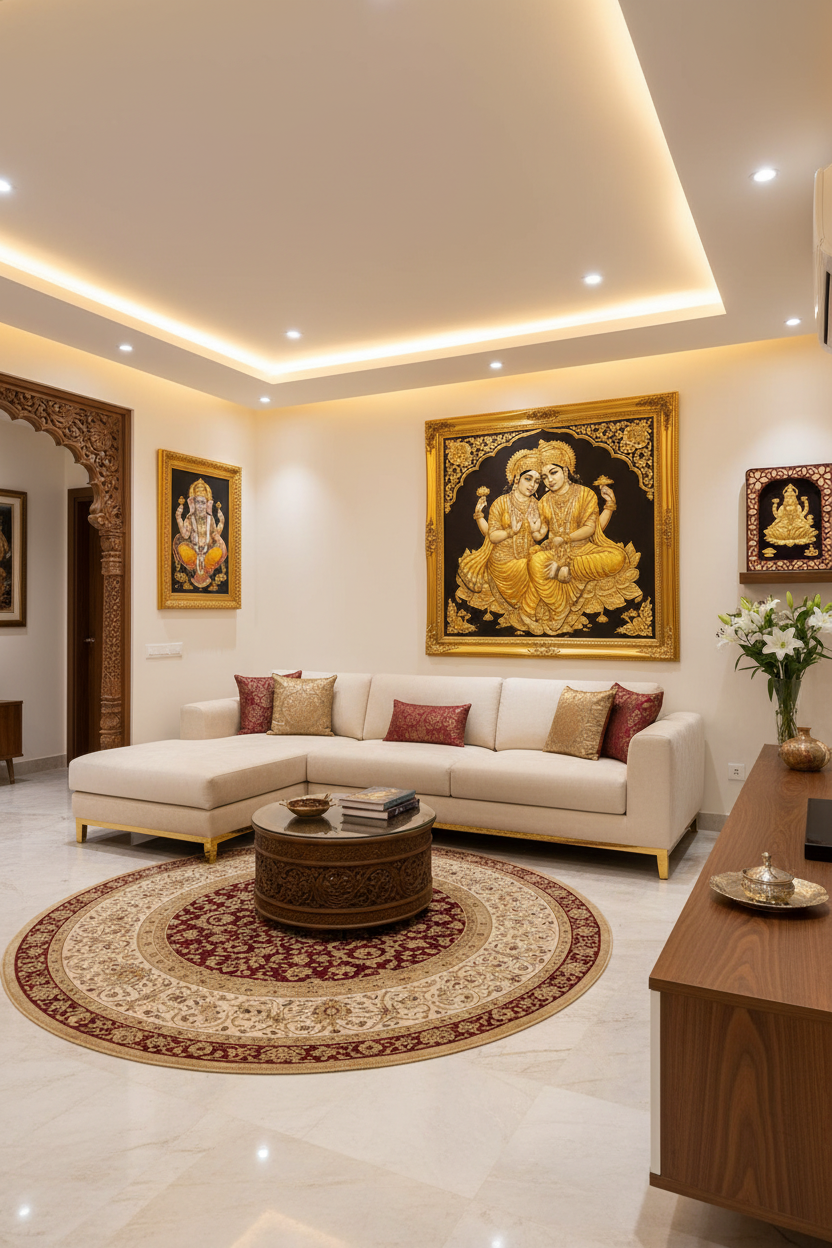 Contemporary Indian living room with Hindu sacred wall art: large Radha-Krishna 24K gold foil painting in gold frame on northeast wall, Ganesha painting near entryway and Lakshmi painting on north wall with modern furniture and mandir shelf