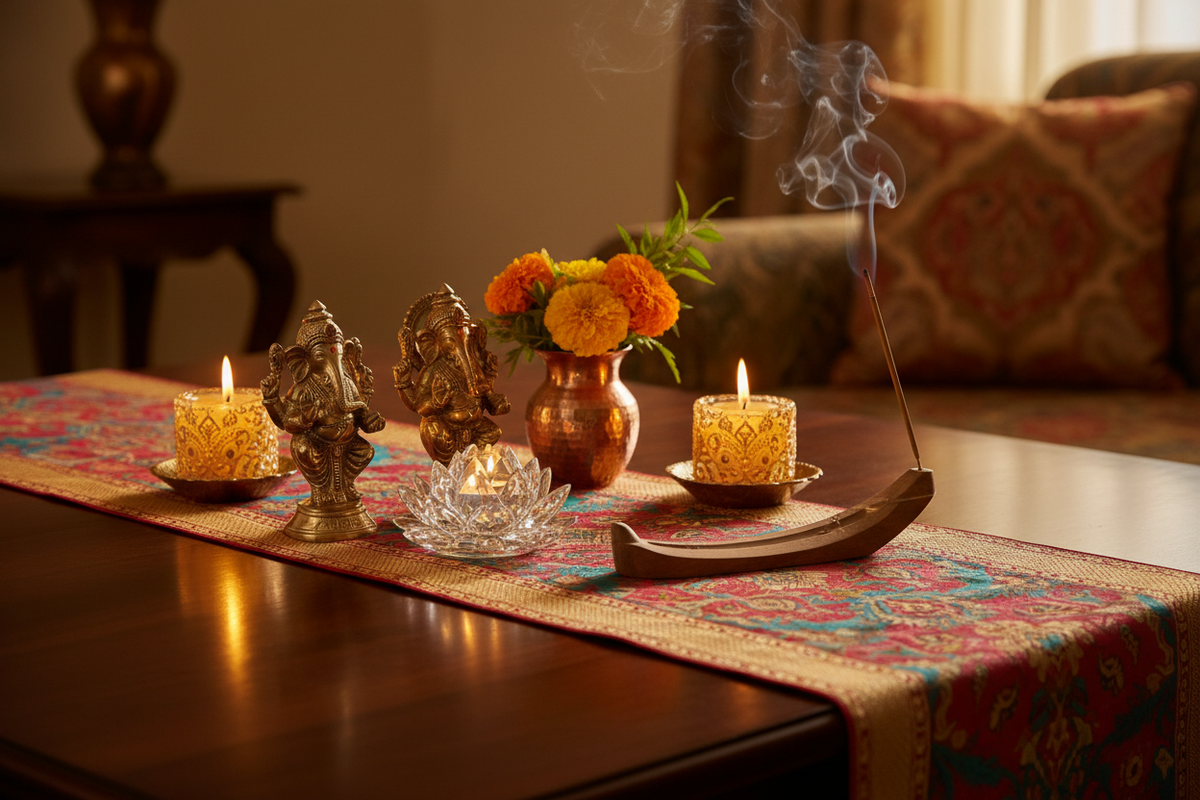 Indian home table decor — brass deity figurines, crystal lotus and marigold flowers | Moksha Craft