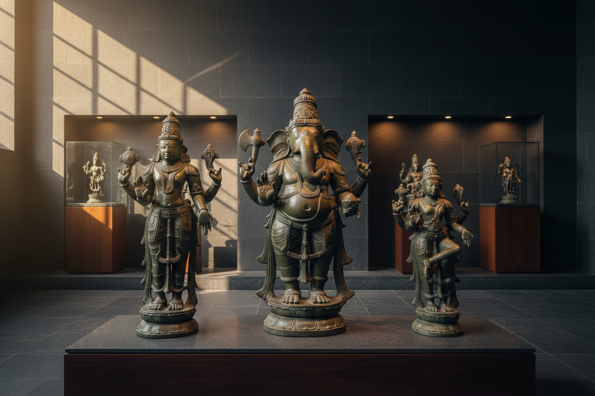 Indian sacred Murtis — Chola bronze Ganesha and Vishnu Perumal sculptures | Moksha Craft