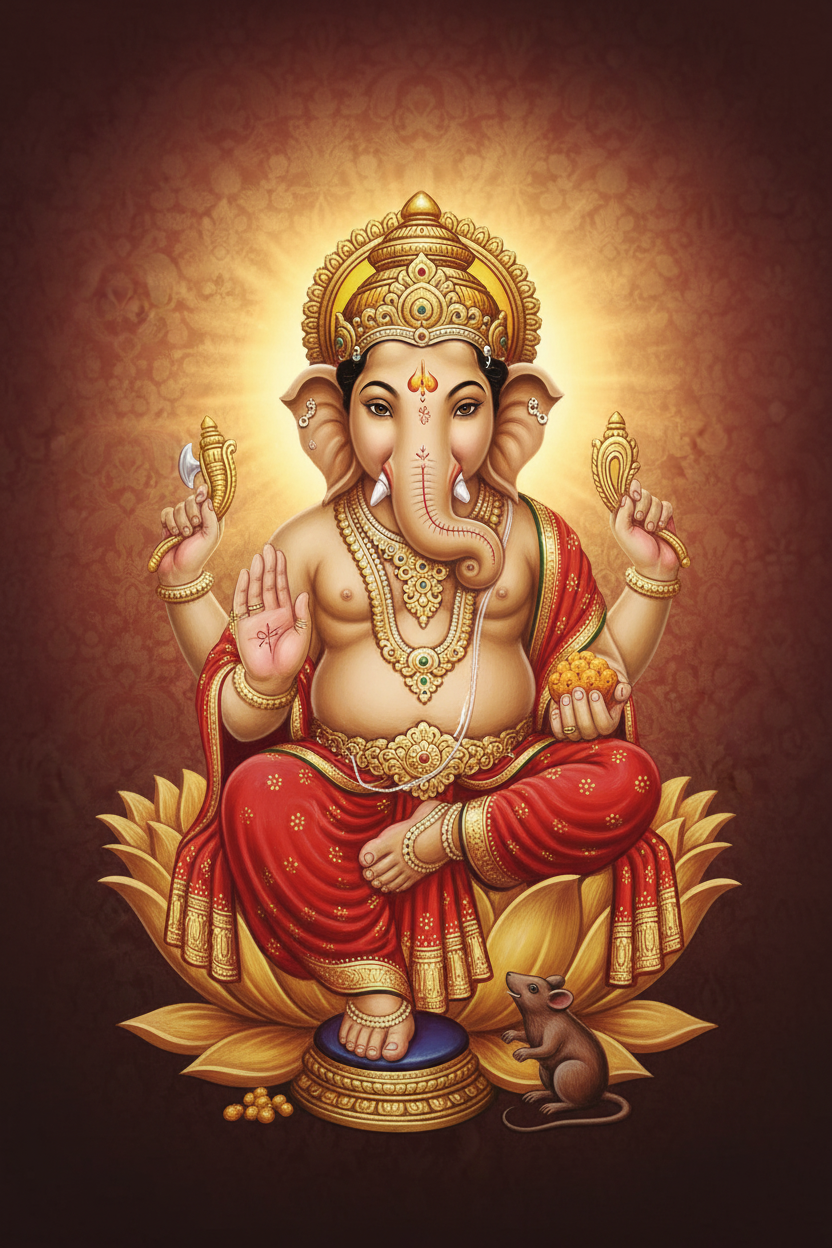 Lord Ganesha seated on a lotus throne: elephant head with one full tusk and one broken tusk, four arms holding modak, ankusha, pasha and broken tusk, mouse Mushika at his feet, divine golden light
