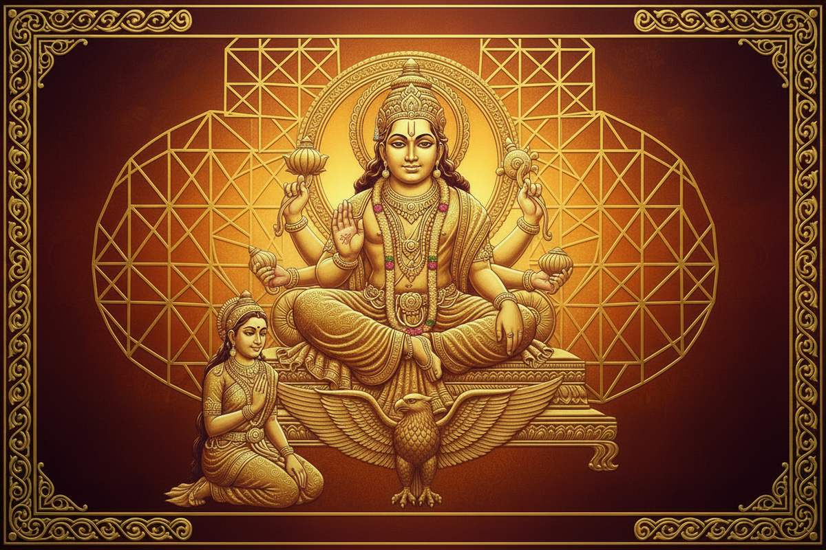 Lord Vishnu in 24K gold sacred art — four arms with Garuda and Lakshmi | Moksha Craft