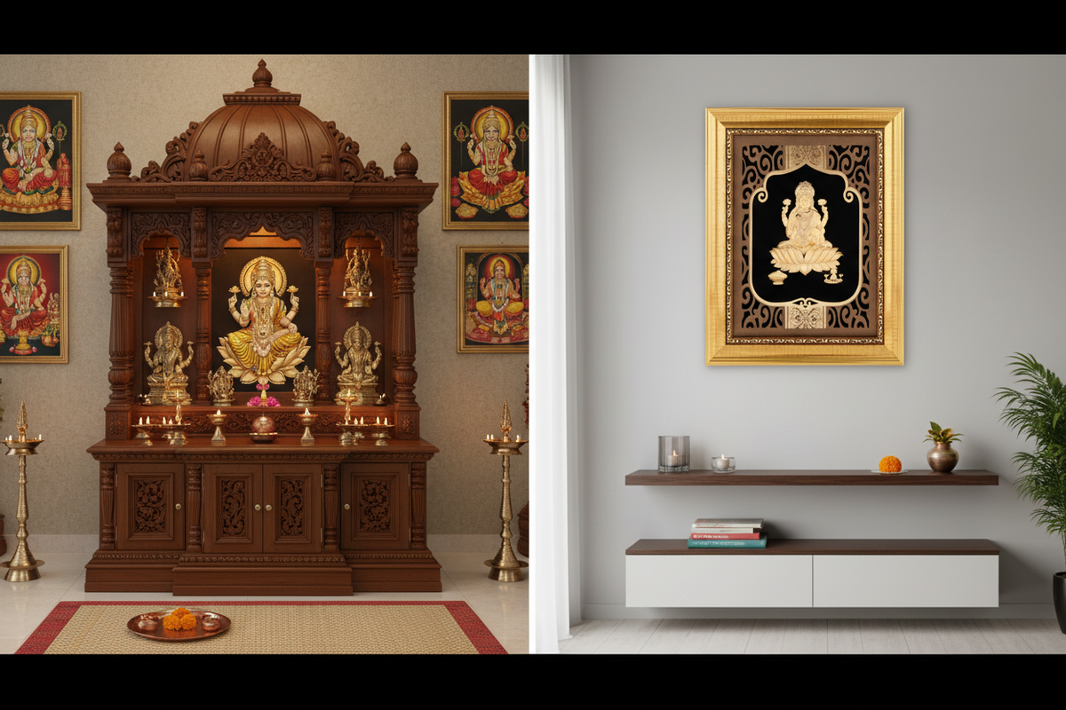 Split comparison of a full dedicated puja room with wooden mandir cabinet and a beautifully designed home mandir shelf in a modern living room — both sacred, both complete