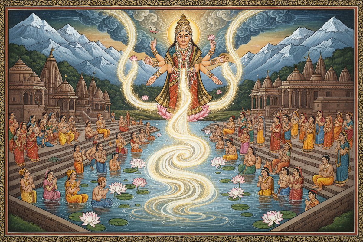 Mother Ganga — sacred river goddess descending from heaven with golden light | Moksha Craft