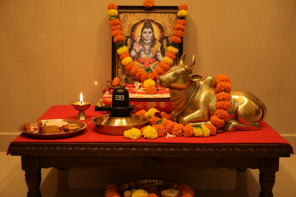 Nandi statue at home — brass Nandi idol facing Shiva Lingam on home altar | Moksha Craft