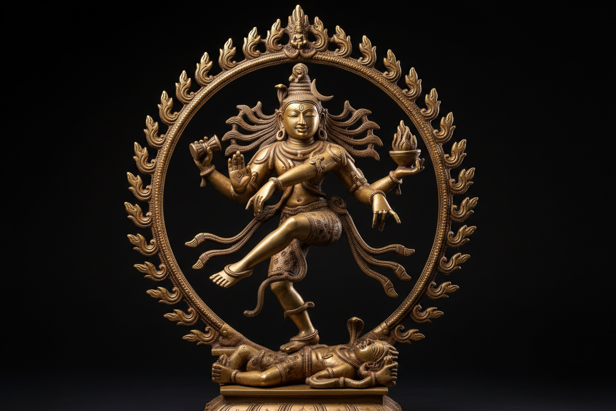 Nataraja Lord Shiva cosmic dance — bronze Chola style statue in ring of fire | Moksha Craft
