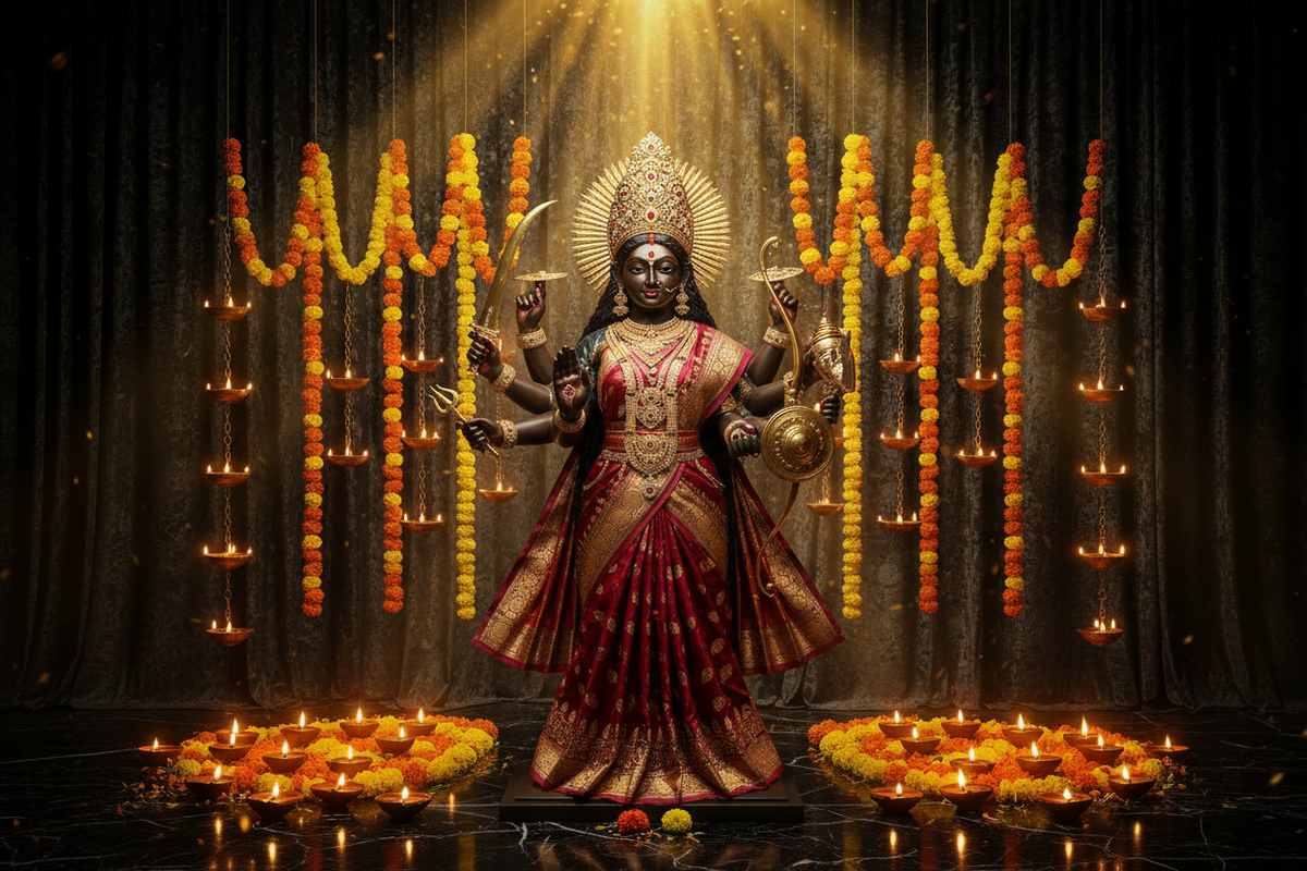 Navratri 2027 — Goddess Durga festival celebration with diyas, marigold garlands and golden light