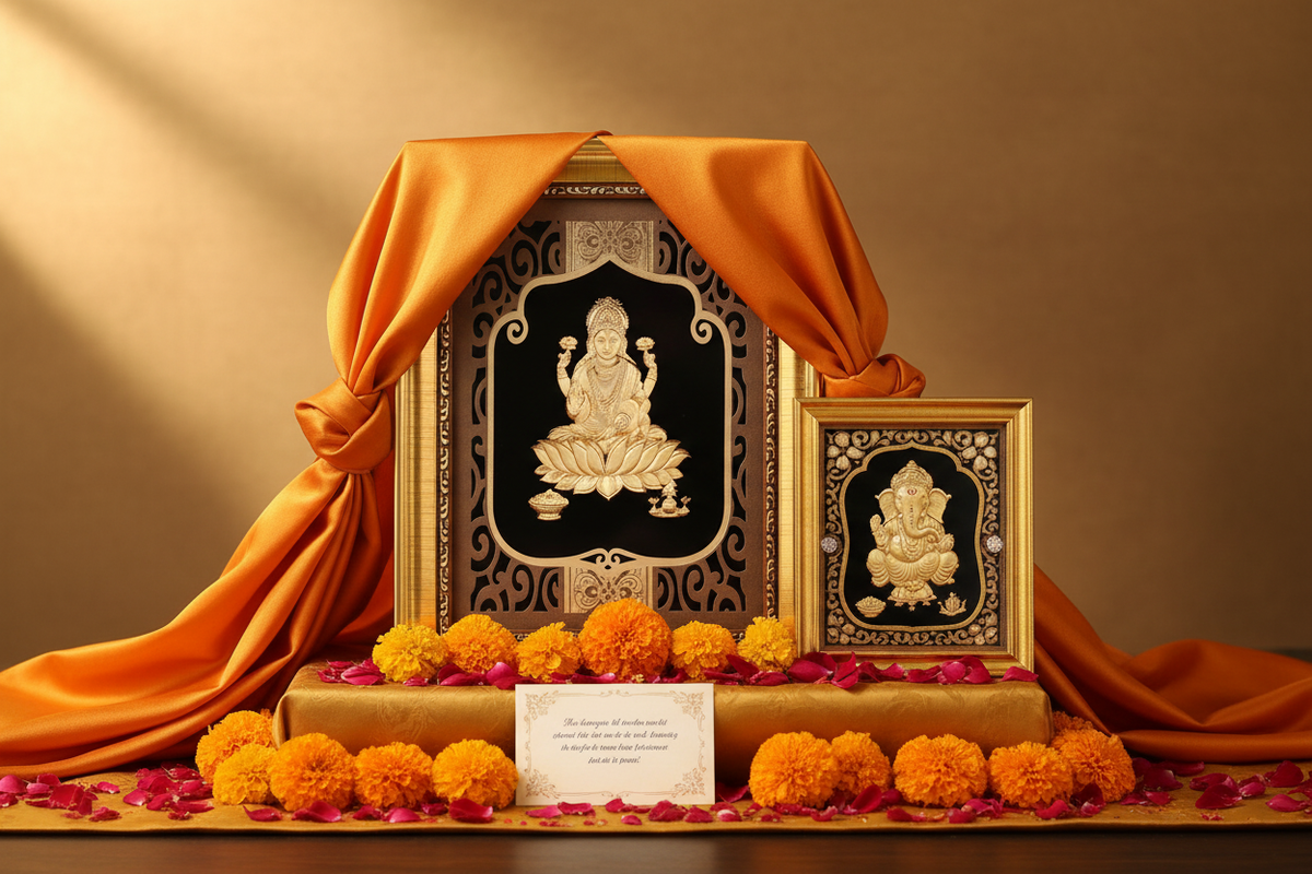 Lakshmi and Ganesha 24K gold foil paintings wrapped in saffron silk with marigold flowers, rose petals and blessing card — sacred art gifts for a Hindu puja ceremony