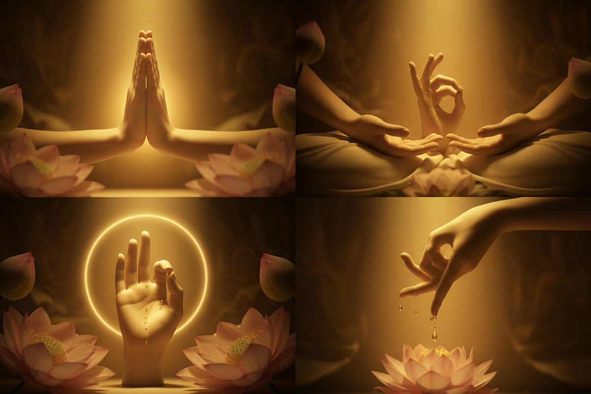 Sacred mudras — Anjali, Dhyana, Abhaya and Varada hand gestures in golden light | Moksha Craft