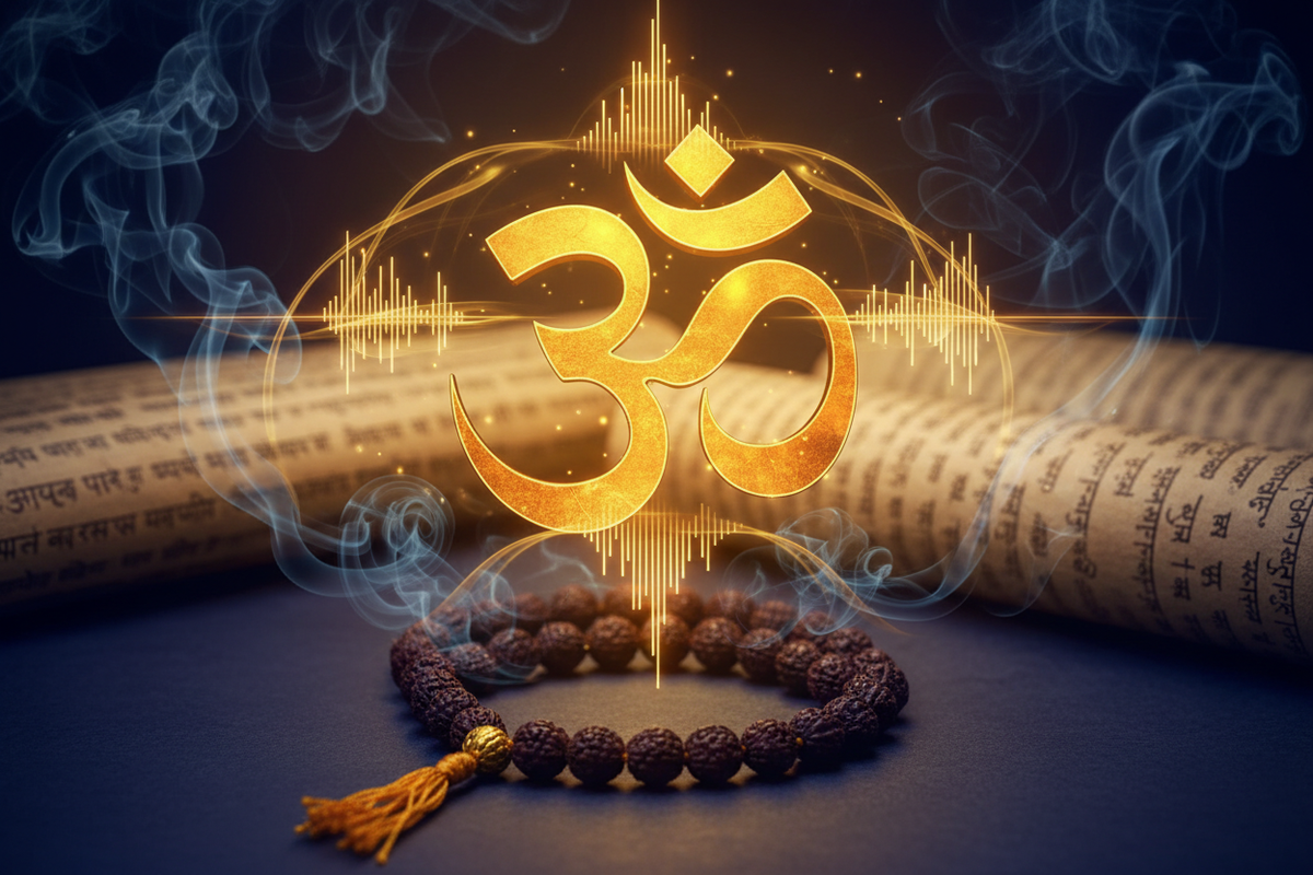 Sacred Sanskrit mantras — Om symbol with golden sound waves and mala beads | Moksha Craft