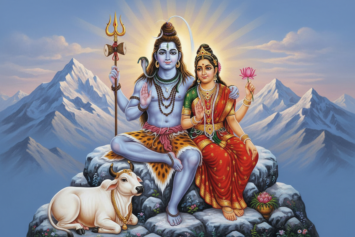 Shiva and Parvati — divine couple seated together on Mount Kailash | Moksha Craft
