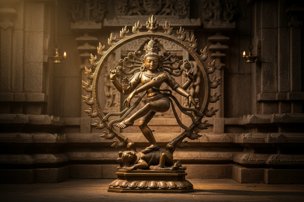 Lord Shiva dancing cosmic form — bronze Nataraja in ring of fire | Moksha Craft