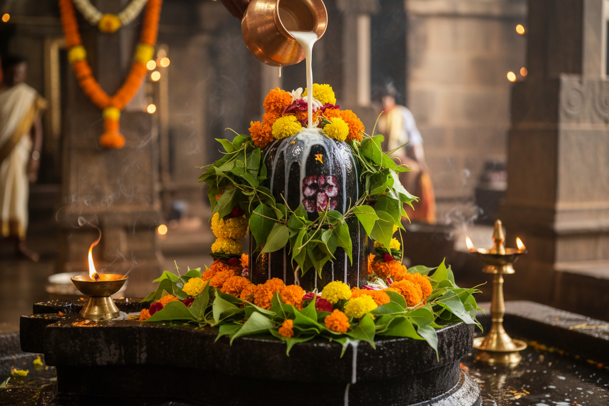 Shiva Lingam worship — black stone Lingam with Bilva leaves and milk abhishekam | Moksha Craft