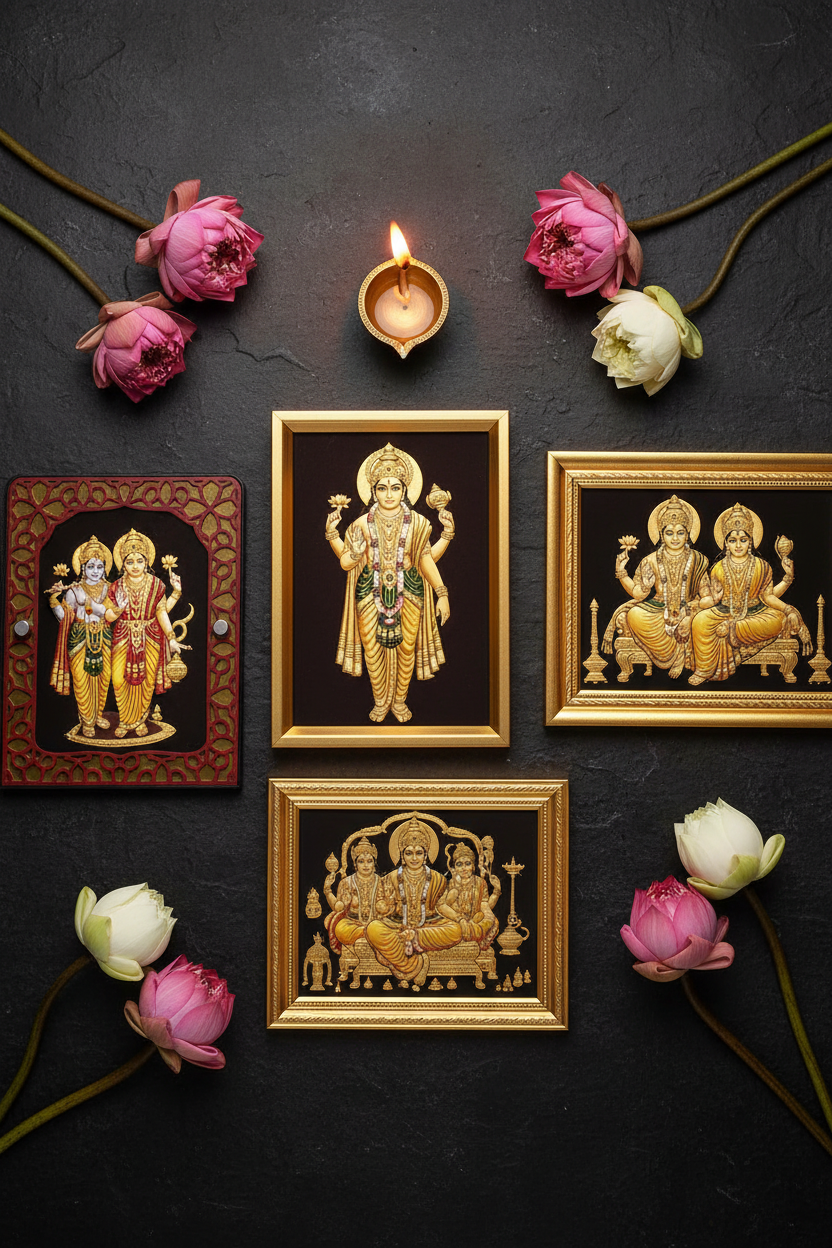 Four Vishnu sacred art forms displayed on dark stone surface: standing Vishnu gold foil painting, Lakshmi Narayan gold foil painting, Radha-Krishna gold foil painting and Ram Darbar painting in gold frames with fresh lotus flowers and lit brass diya
