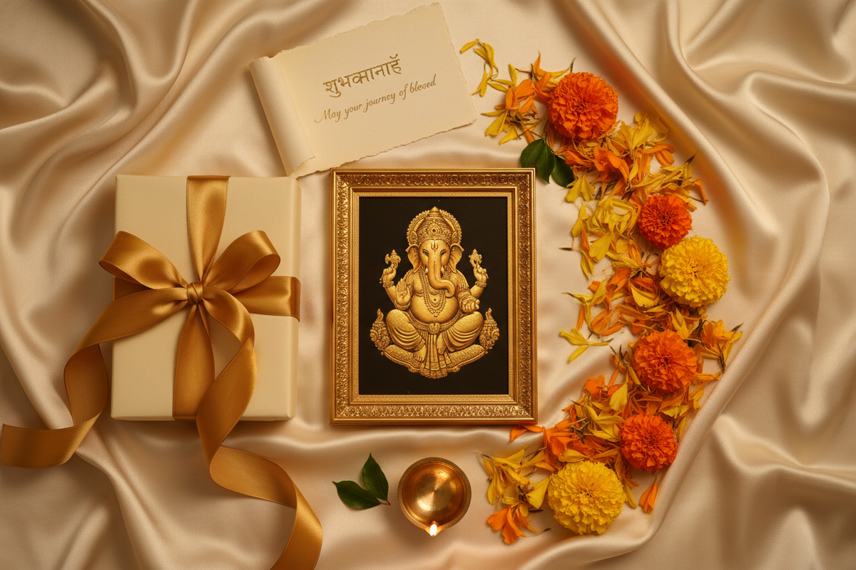 Elegant Indian wedding return gift flat lay: 24K gold foil Ganesha framed painting as centerpiece with gift box gold ribbon marigold petals brass diya and handwritten blessing card on cream silk fabric