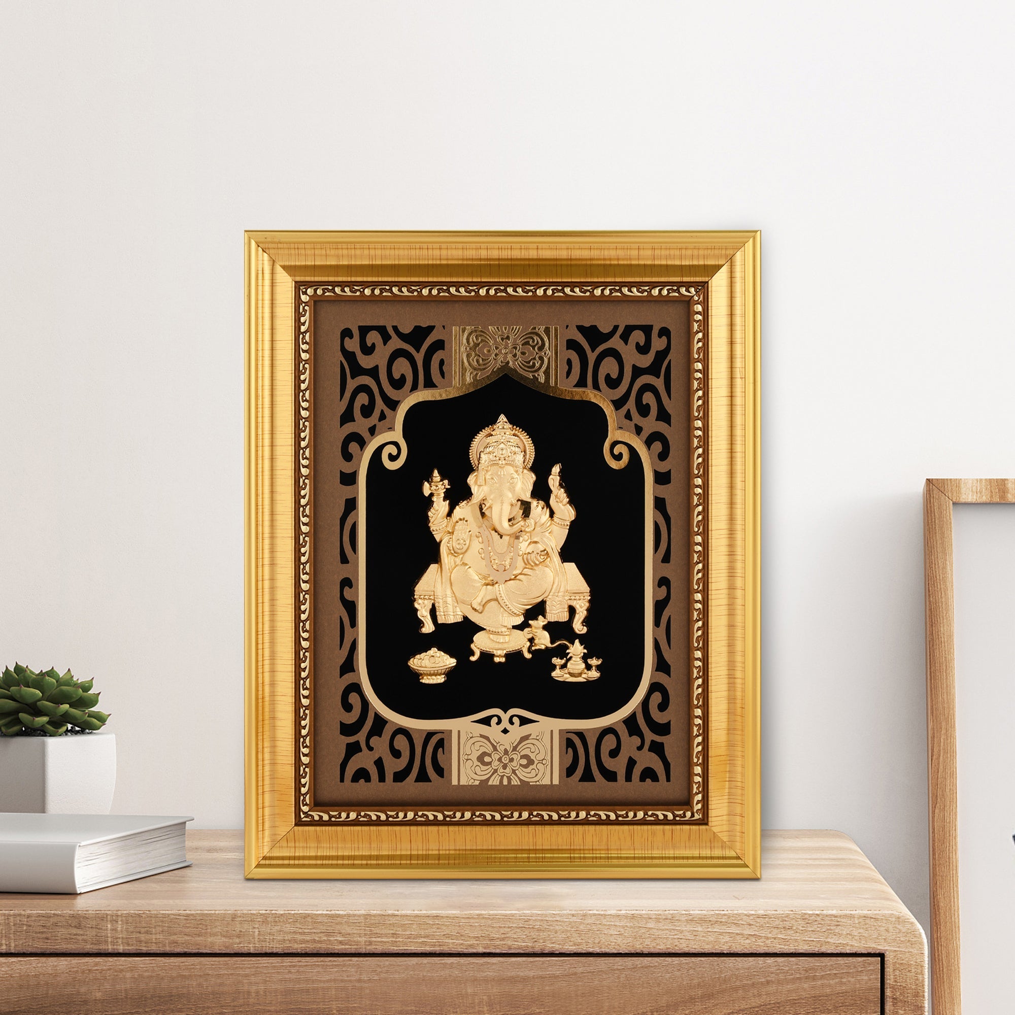 Ganesha 24K Gold Foil Painting with Shiny Gold Versatile Frame, 8x10 Inches