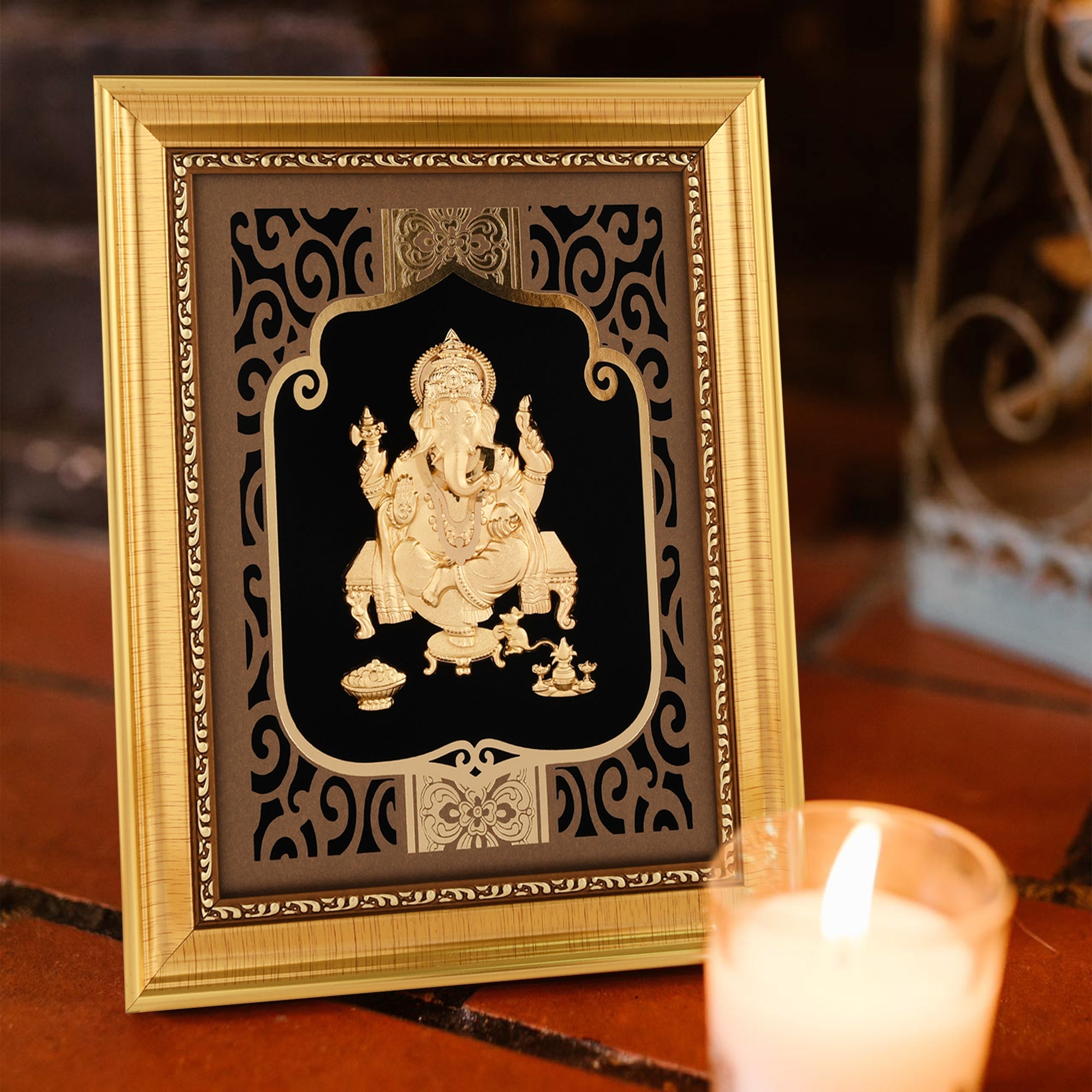 Ganesha 24K Gold Foil Painting with Shiny Gold Versatile Frame, 8x10 Inches