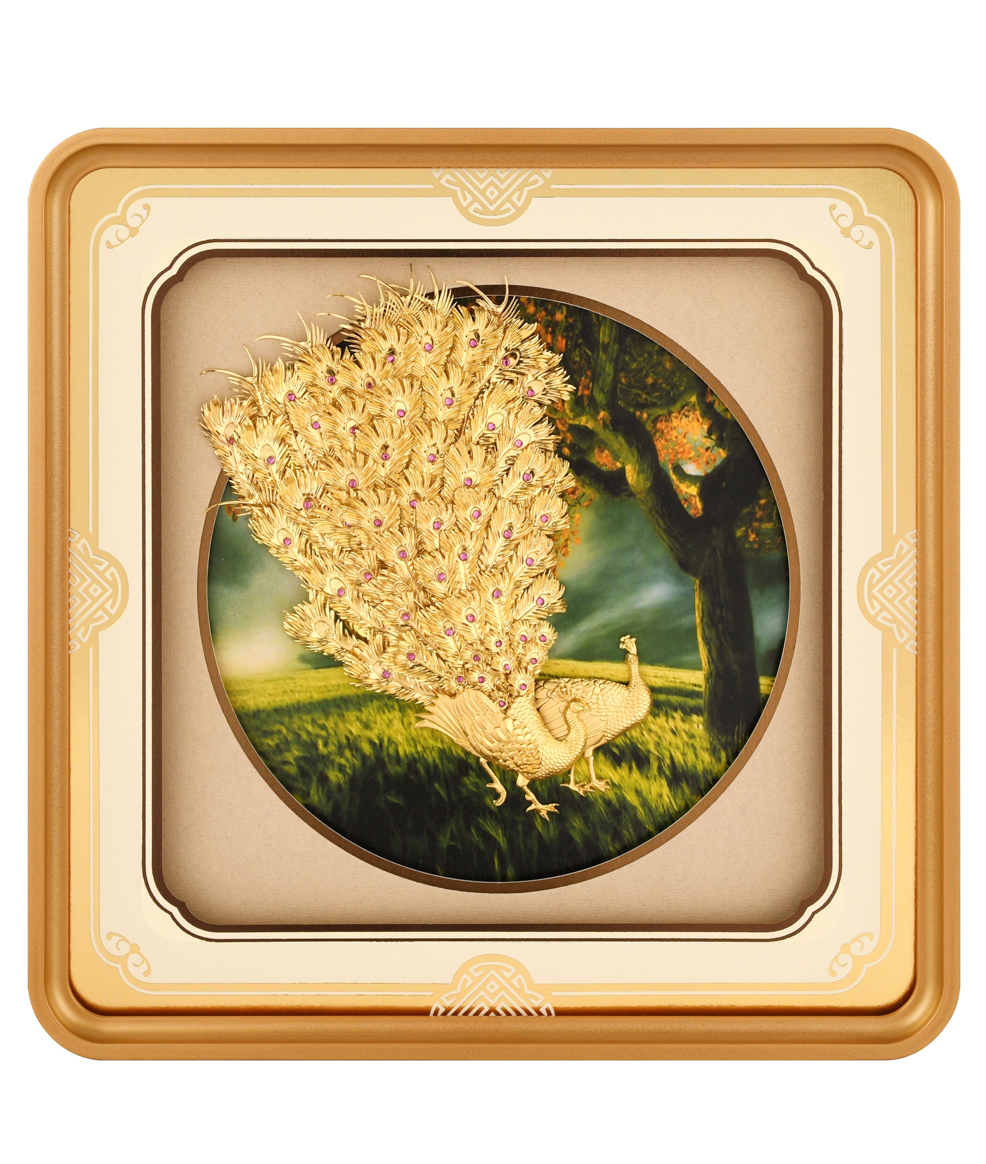 Peacock 24K Gold Foil Painting with Matte Gold Versatile Frame, 11x11 Inches