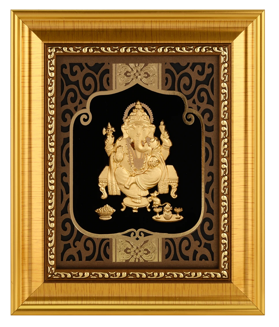 Ganesha 24K Gold Foil Painting with Shiny Gold Versatile Frame, 6x7 Inches