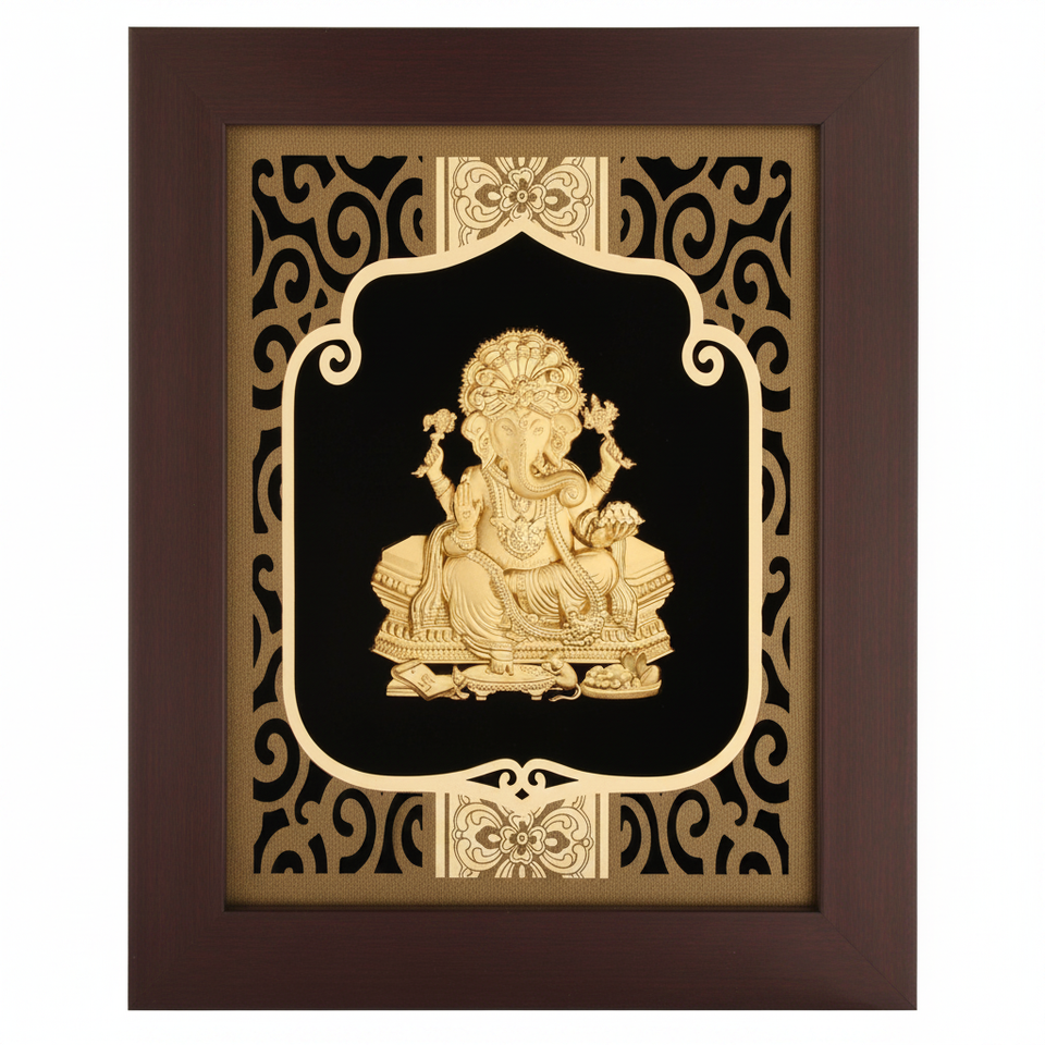 ganesha-ji-24k-gold-foil-painting-8x10-burgundy-frame-hero-shot-white-background-moksha-craft