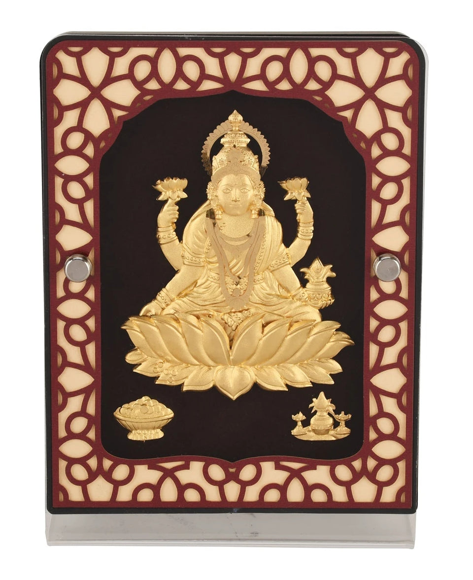 Lakshmi 24K Gold Foil Painting with Brown Tabletop Frame, 5x7 Inches