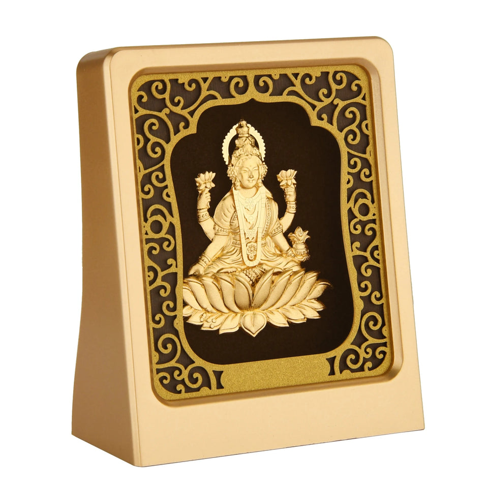 Lakshmi 24K Gold Foil Painting with Matte Gold Tabletop Frame, 3x4 Inches