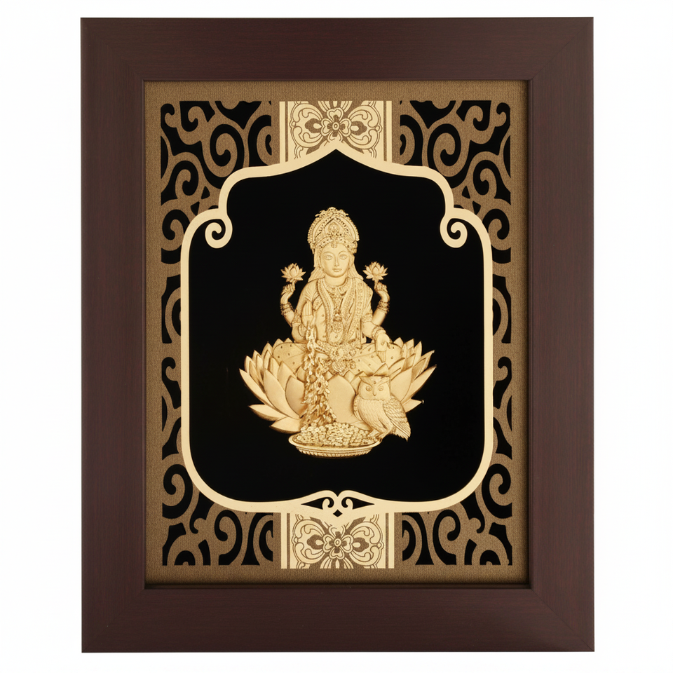 lakshmi-ji-24k-gold-foil-painting-8x10-burgundy-frame-hero-shot-white-background-moksha-craft