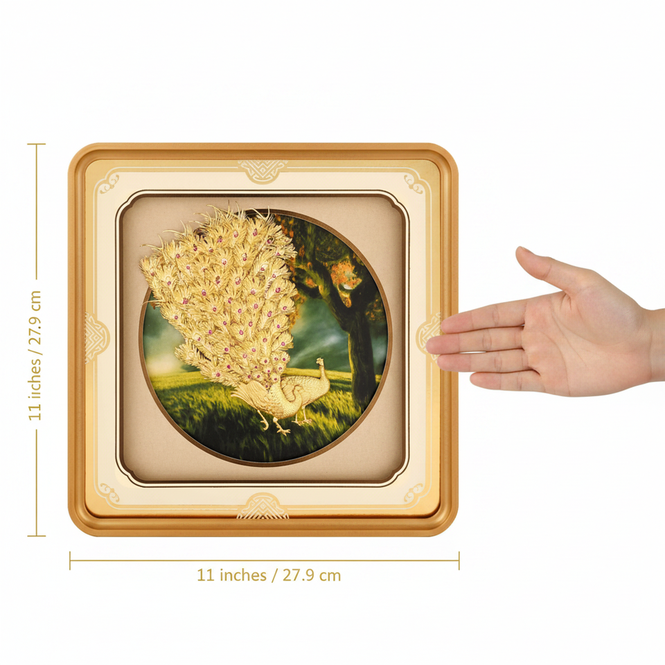 peacock-24k-gold-foil-painting-size-reference-11x11-inch-square-scale-moksha-craft