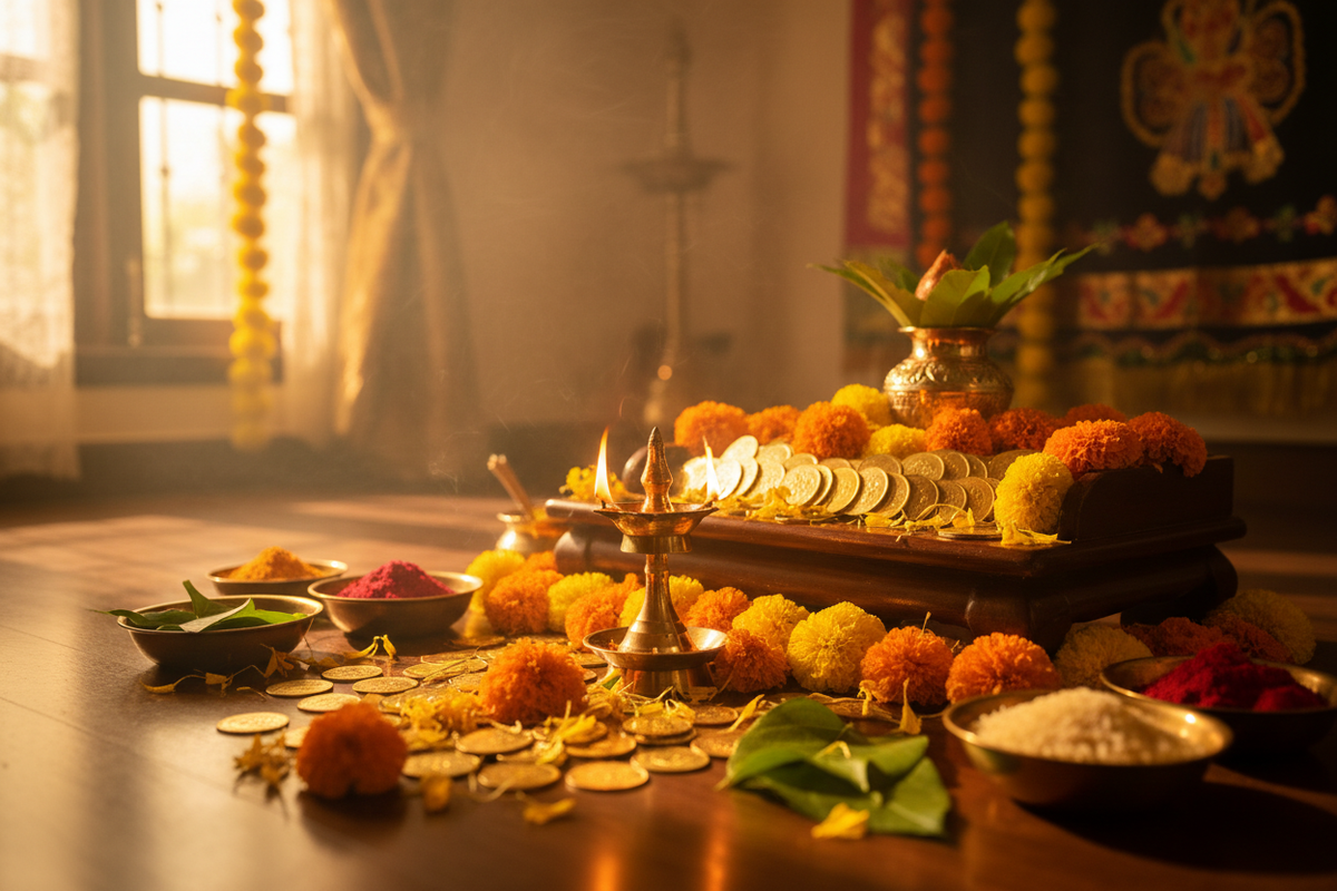 Akshaya Tritiya sacred offerings — gold coins, marigold flowers and ghee lamp on a wooden altar | Moksha Craft