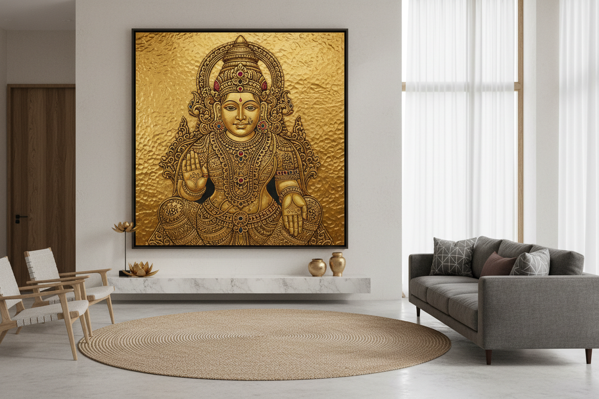 Temple Jewellery Style 24K Gold Foil Wall Art in Modern Indian Interior