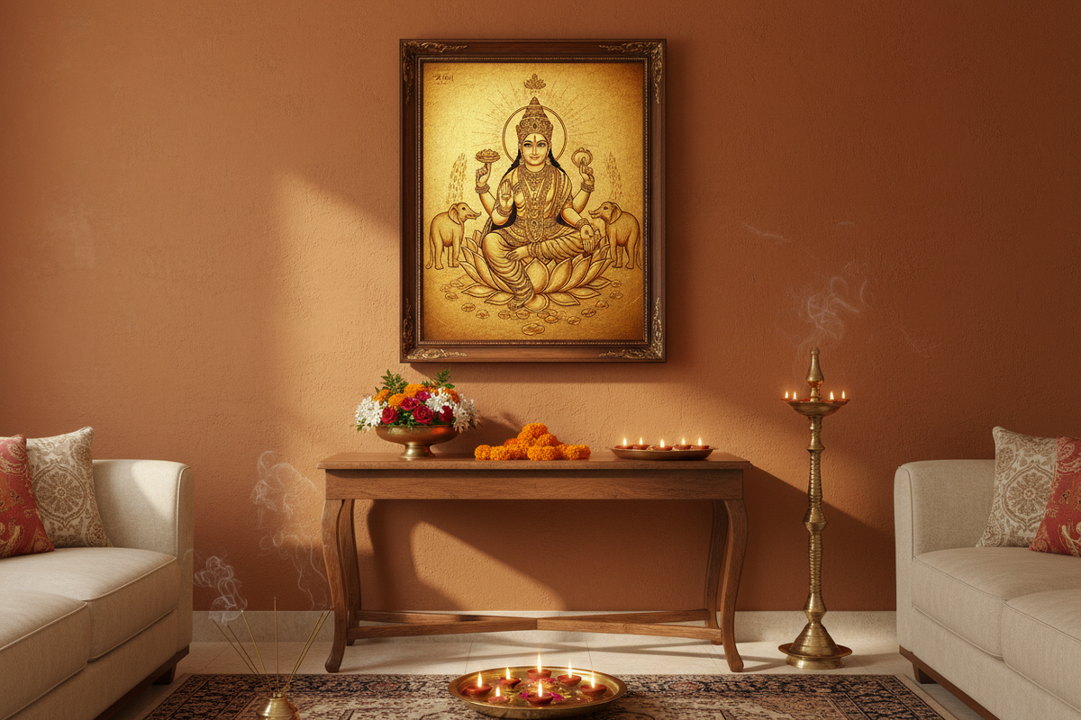 24K Gold Foil Lakshmi Deity Wall Art for Vastu Living Room