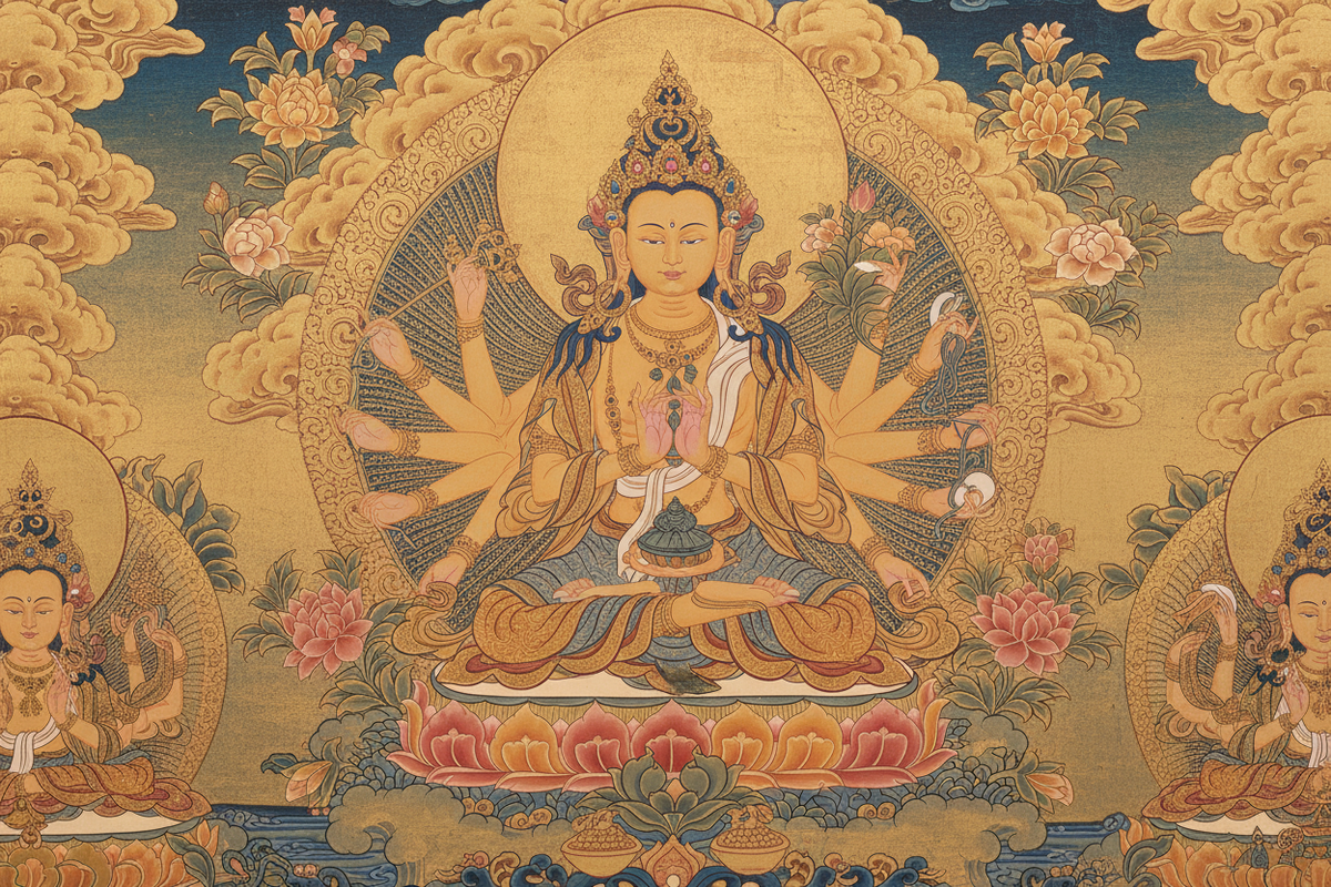 Avalokiteshvara Bodhisattva of compassion — thousand-armed form in golden light | Moksha Craft