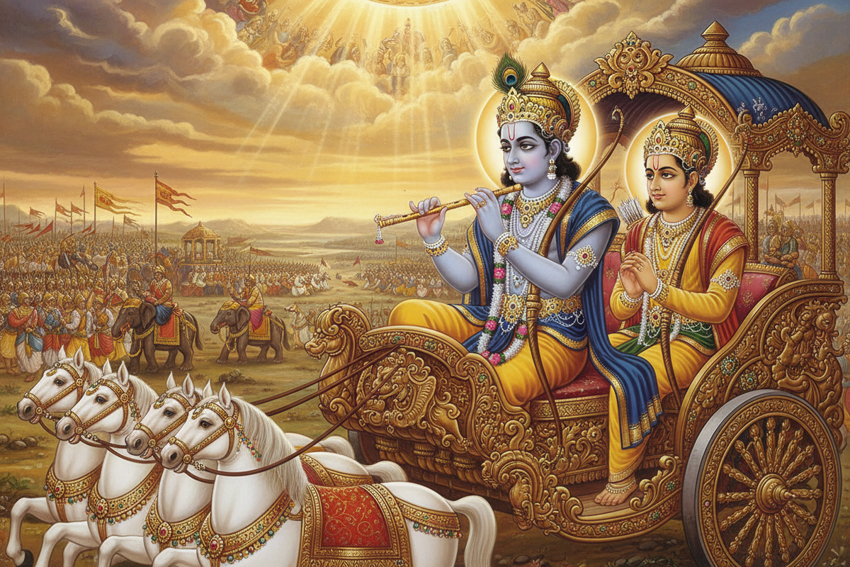 Bhagavad Gita — Lord Krishna as charioteer speaking to Arjuna on Kurukshetra battlefield | Moksha Craft