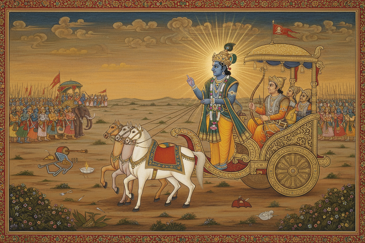 Bhagavad Gita — Lord Krishna teaching Arjuna on the battlefield of Kurukshetra | Moksha Craft