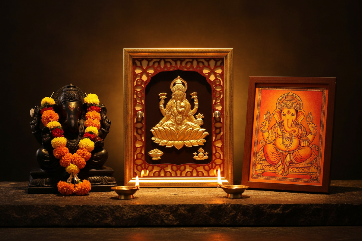 Three Ganesha forms compared side by side: black stone Ganesha murti with marigold garland on left, 24K gold foil Ganesha painting in gold frame at center, saffron orange Ganesha painting on right, lit diyas in front of each on dark stone surface