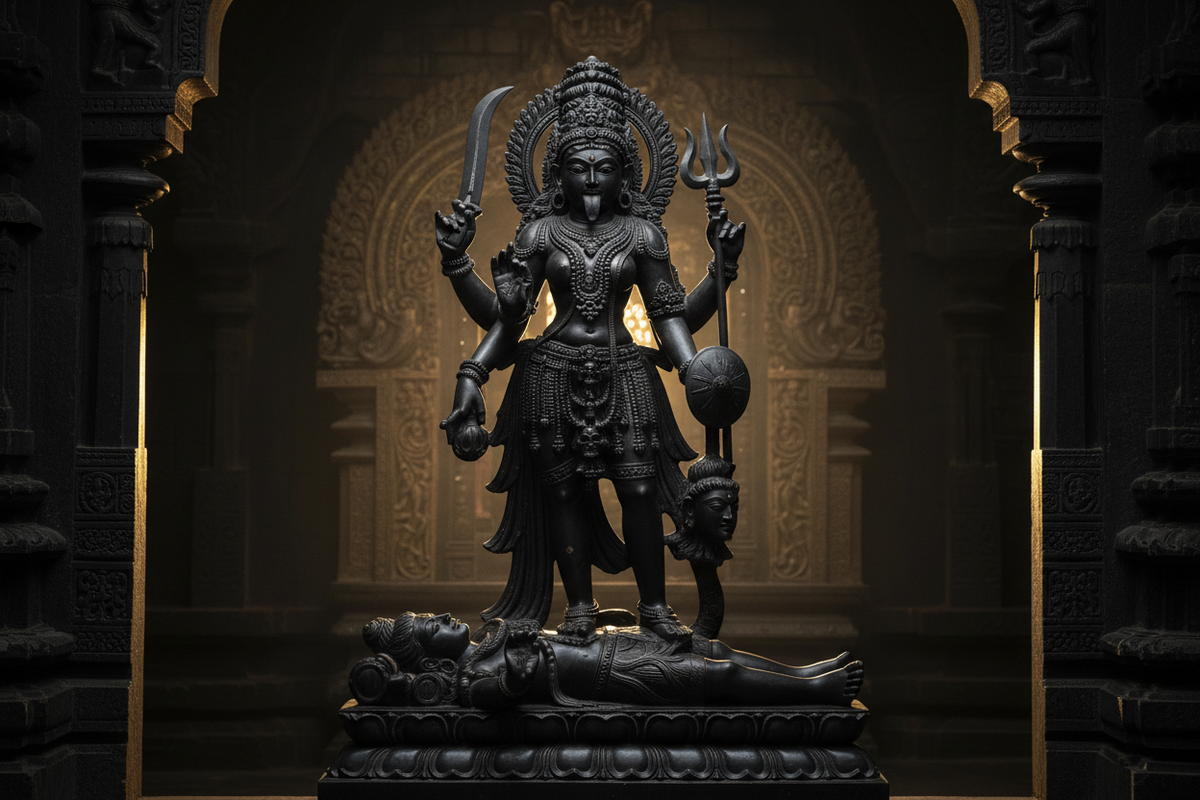 Black stone Kali statue — fierce form, sacred symbolism and spiritual meaning | Moksha Craft