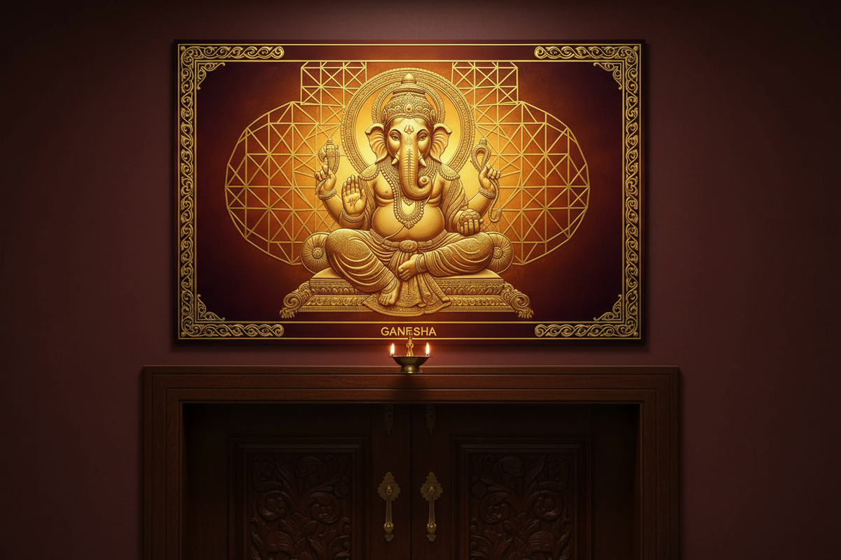 Ornate brass Ganesha wall hanging above a sacred home entrance with ghee lamp | Moksha Craft