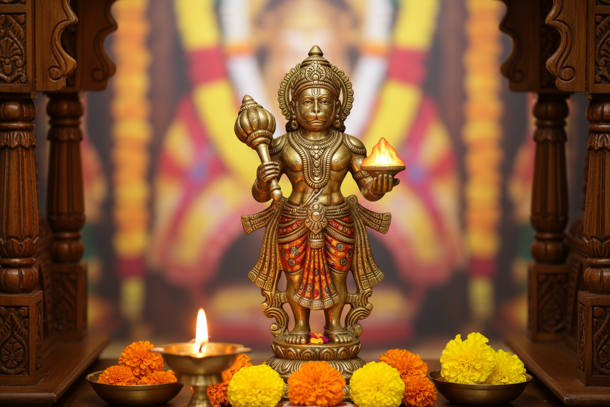 Brass Hanuman idol in a sacred home mandir with ghee lamp and marigold offerings — Vastu placement guide | Moksha Craft
